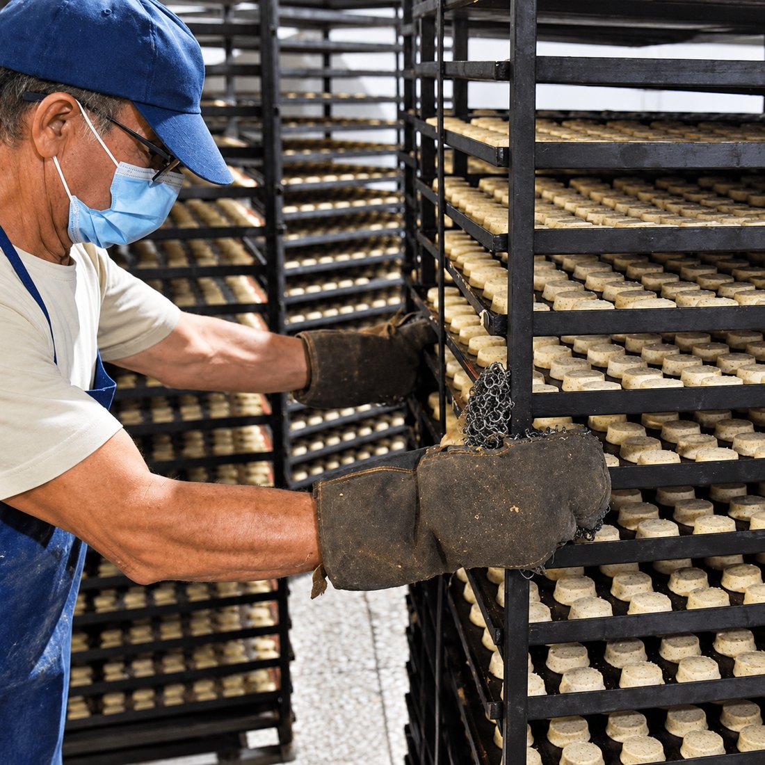 Panadero sacando las bandejas de mantecados del horno del obrador
